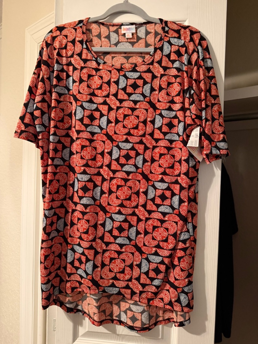 LuLaRoe Black Red and Light Blue Geometric Irma Tunic